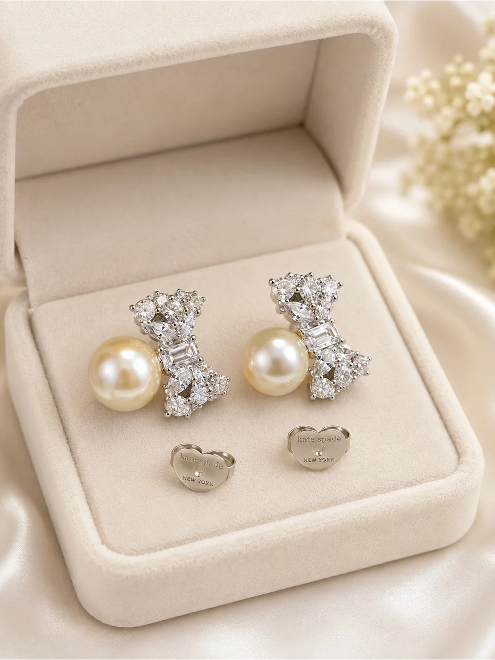kate spade Pearl Drop Bow Stud Earrings in Cream and Silver